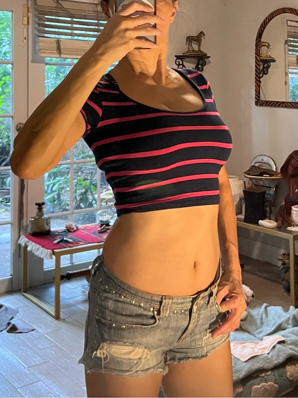 Crop Scoop Neck T-Shirt - Navy with Pink Stripes